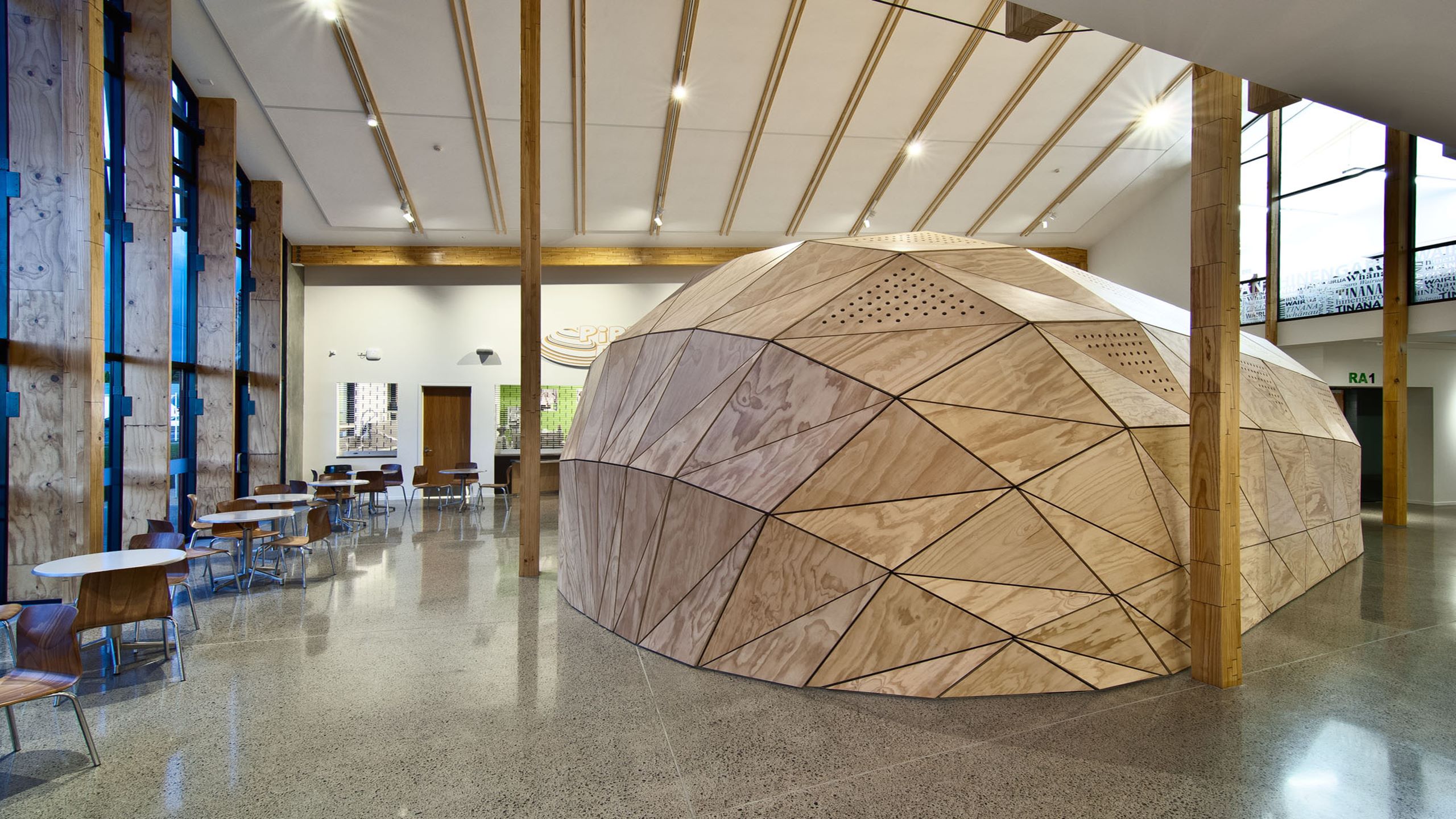 Nga Pura Pura Sports Complex showing over sized Triton Sports panels installed to the ceilings of the entrance area