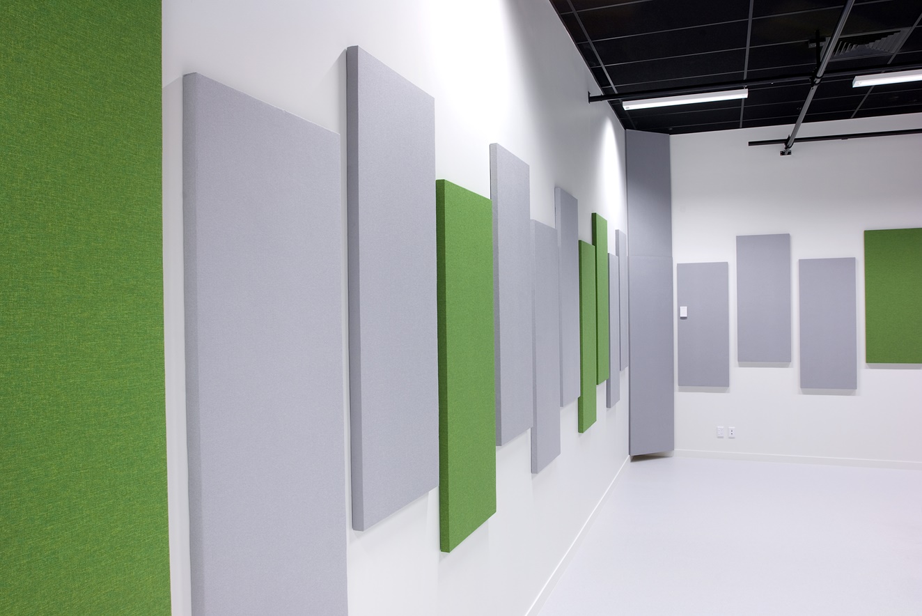 Hobsonville Point Intermediate Music Room showing direct fixed rectangular Fabwall panels wrapped in grey and green fabrics