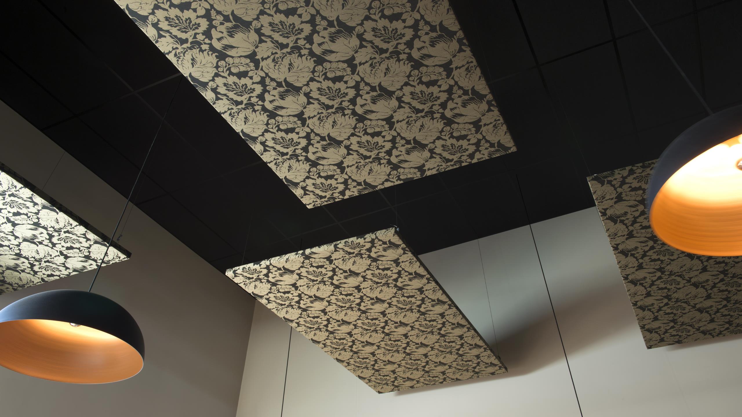 suspended rectangular fabric cloud panels in the Twisted Hop Bar