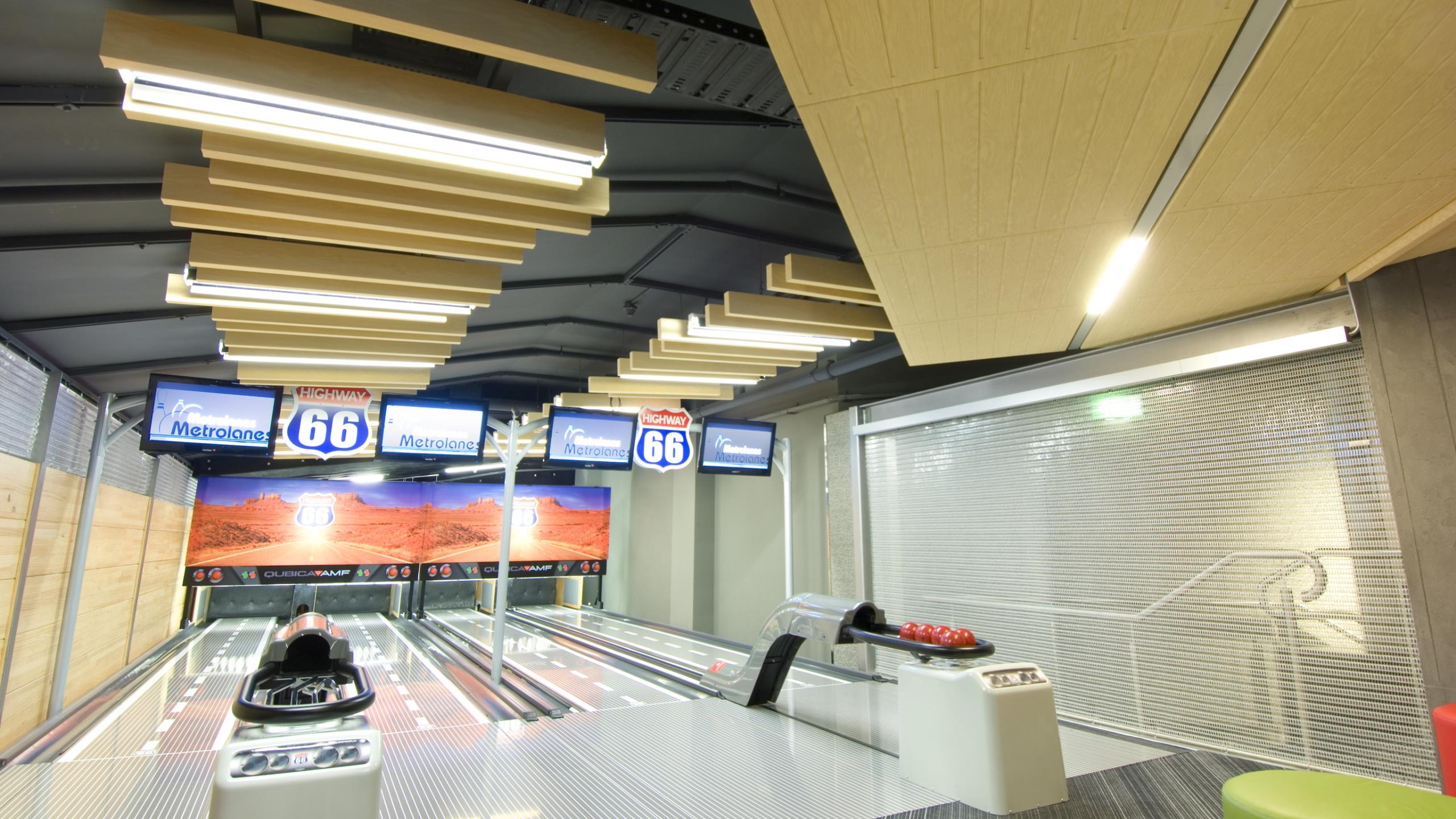 Metro Bowling Alley, AKLD - Baffle Beams + wood-grain Sonatex